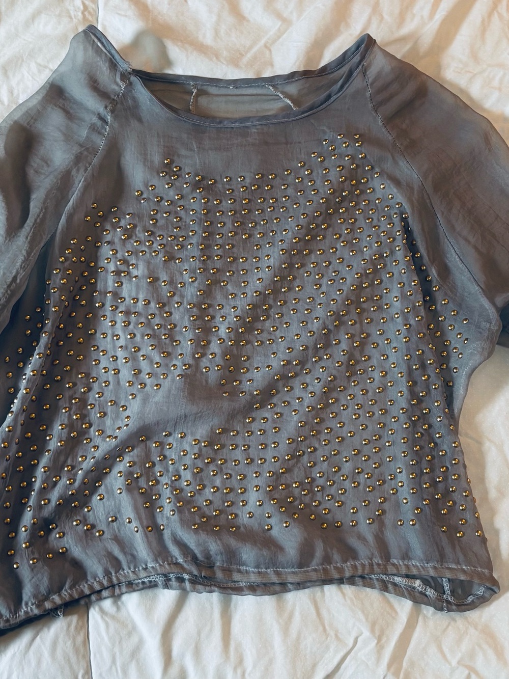 Sheer Gray Studded Women's Blouse - Lightweight Layering Top - Picture 10 of 11